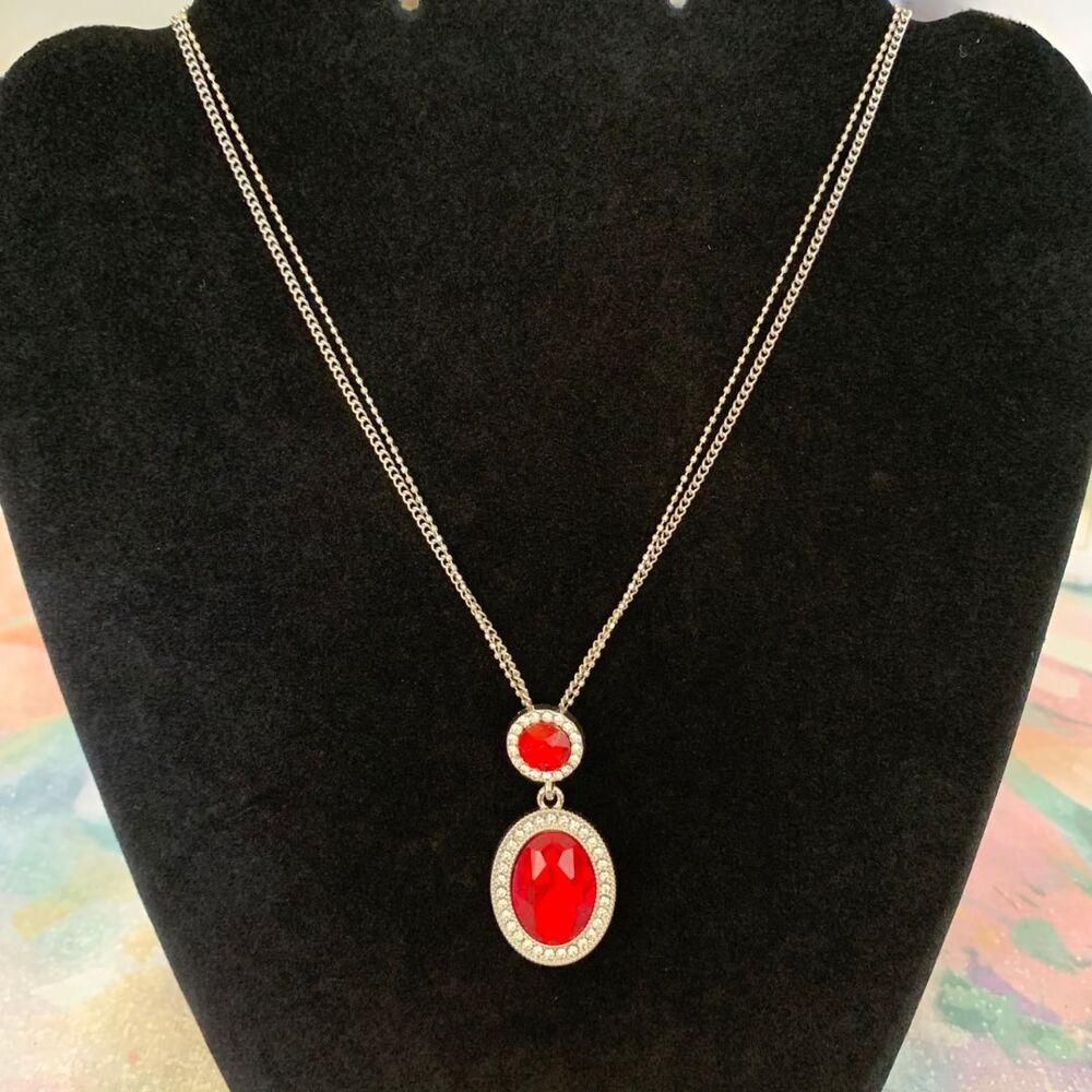 Paparazzi Silver Tone Red Rhinestone Pendant Necklace Double Chain Jewelry